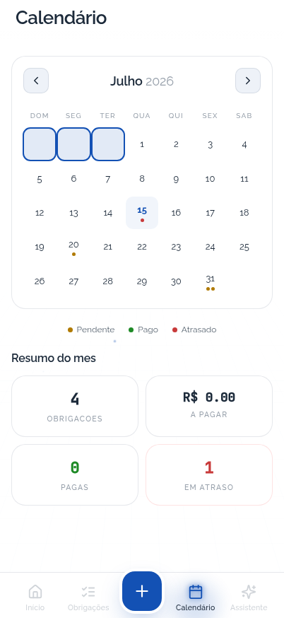 Calendário fiscal do mês com os vencimentos marcados
